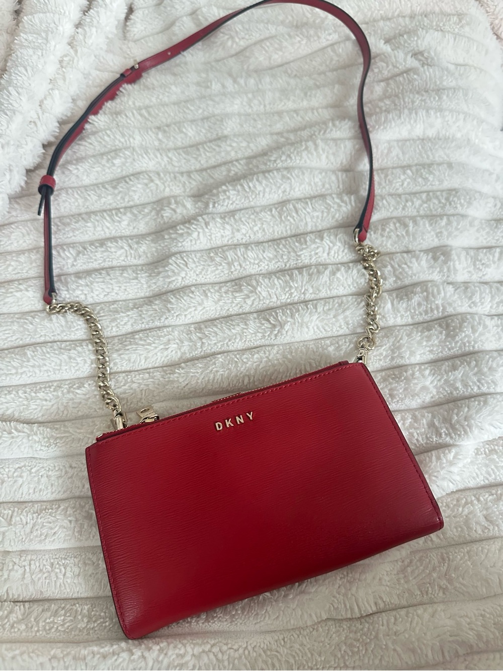 DKNY Red Leather Crossbody with Gold Chain Strap